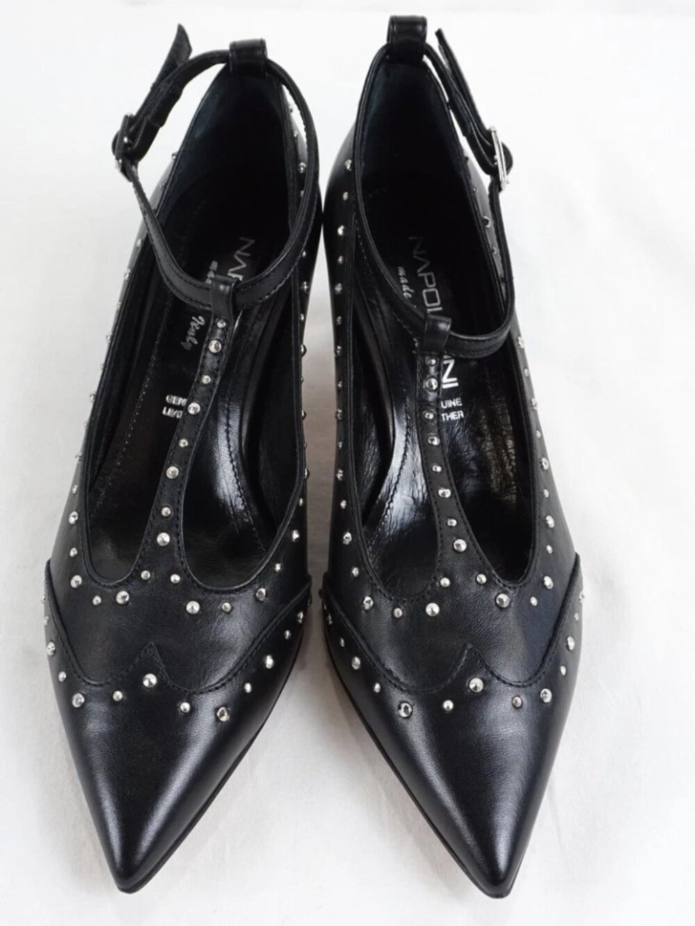 Napoleoni Made in Italy Leather Pointy Toe Ankle Strap Heel Pumps with studs